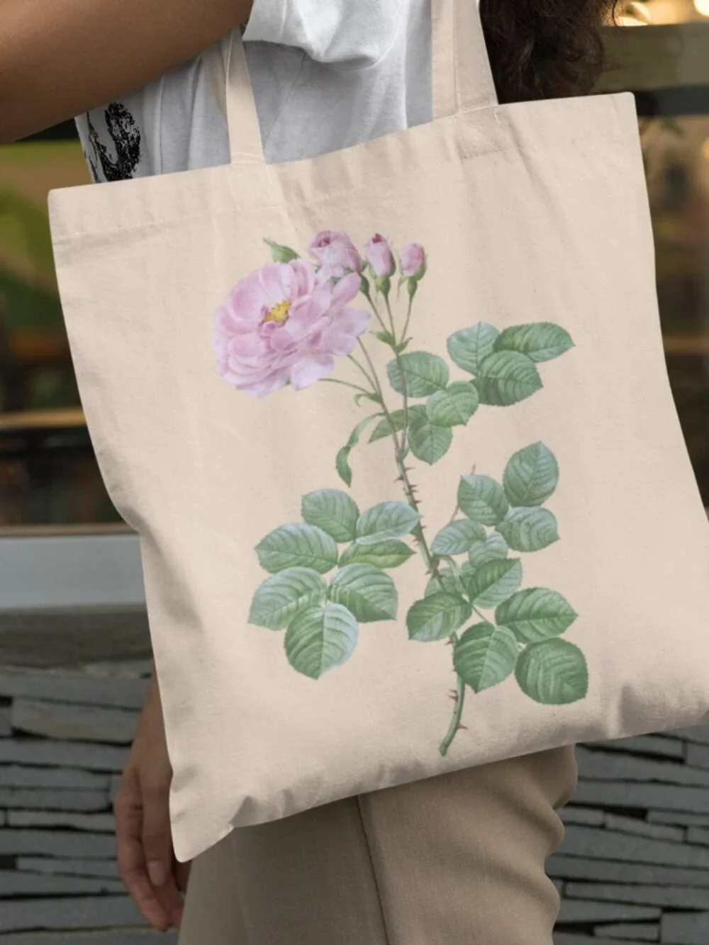 Damask Rose Vintage Floral Print Graphic Canvas Tote Bag